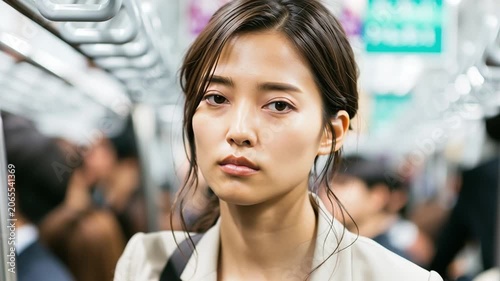 疲れた表情をして電車に乗る日本人女性