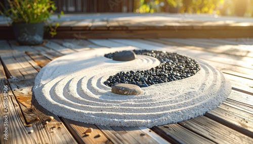 Serene Zen Garden Yin Yang Symbol Raked Sand and Smooth Stones on Wooden Deck