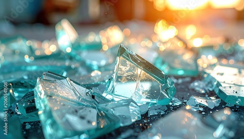 Sharp, clear glass fragments scattered and catching warm, golden light with soft bokeh background