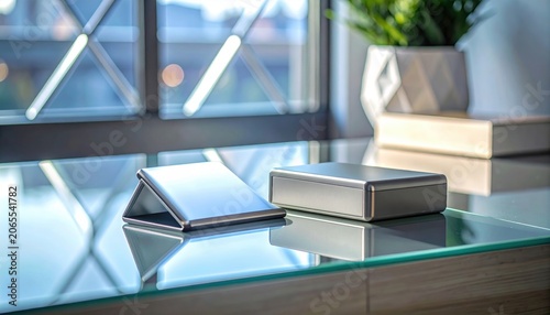 Sleek aluminum portable stand and enclosure on glass table with plant and window reflection