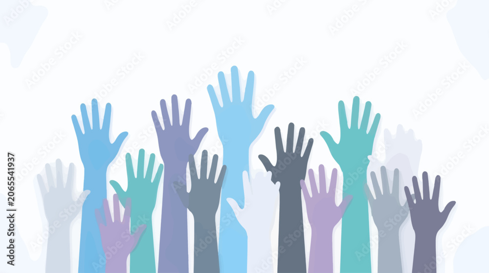 Fototapeta premium Diverse Group of Raised Hands with Various Skin Tones Against Clean White Backdrop, Vector Illustration of Unity and Support, Copy Space