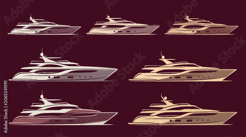 Fotografía Seven Distinct Luxury Yacht Designs in a Three-Row Grid, Flat Vector Illustratio