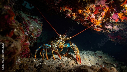 Spiny Lobster with Extended Antennae Emerging from Rocky Underwater Reef