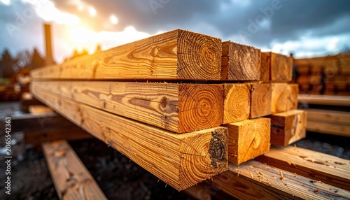 Stack of freshly cut wooden lumber beams at a construction site bathed in warm sunlight