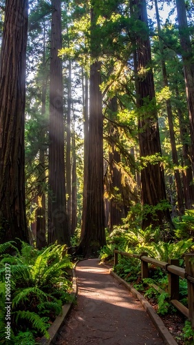 Sunlit Towering Redwood Trees Lining a Winding Forest Path in Lush Woodland