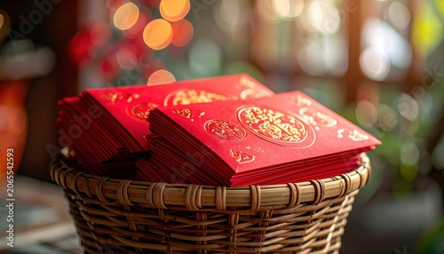 Stacks of Red Lunar New Year Envelopes with Gold Designs in a Woven Basket
