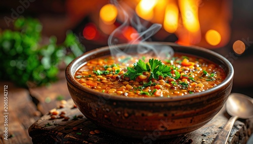 Steaming Bowl of Hearty Lentil Soup Garnished with Fresh Parsley and Soft Bokeh Background