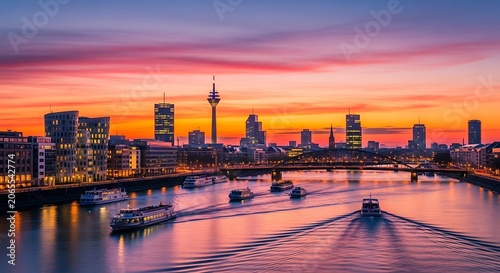 Stunning Sunset Over Urban River and City Skyline.
