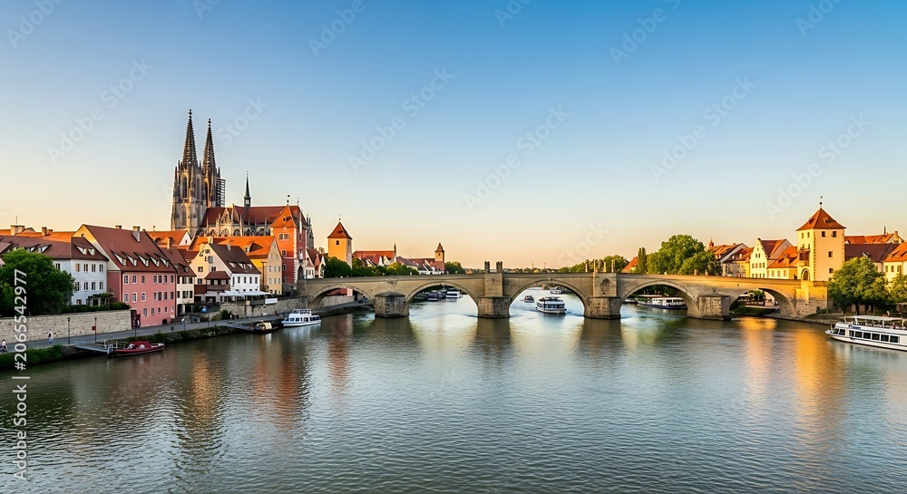 Fototapeta premium Historic European City Skyline Over Calm River at Sunset.