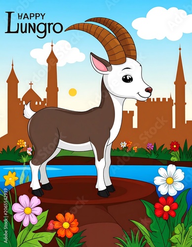 Cute Cartoon Goat Standing on Rocky Platform in Colorful Garden with Castle Skyline