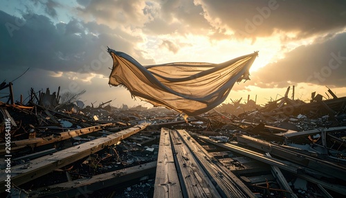 Torn tarpaulin wildly flapping against a dramatic sky above debris-strewn landscape