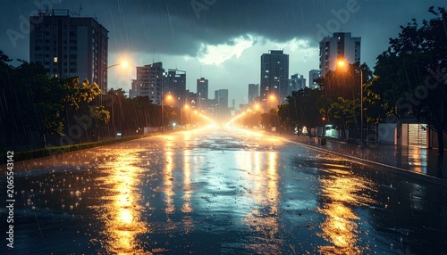 Torrential Monsoon Downpour Illuminates a City Street at Night with Vibrant Reflections