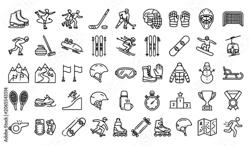 Slika na platnu 50 winter sports and ice skating line icons vector set editable stroke