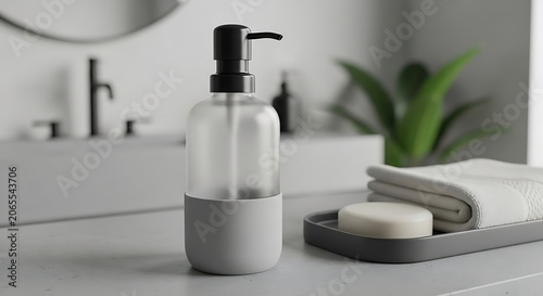 Soap dispenser sits on a modern bathroom vanity next to a small towel and bar of soap.