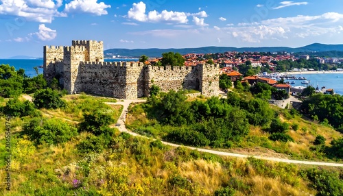 Ancient Stone Fortress Overlooking Coastal Town on Sunny Hillside