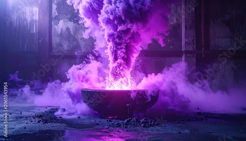 Vibrant purple smoke erupting from a glowing bowl, creating a dynamic energy display