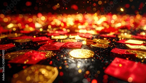 Vibrant red and gold confetti scattered across a dark surface with glittering bokeh lights, perfect for festive celebrations