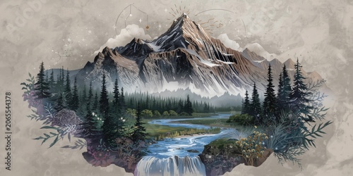Cosmic tattoo illustration of a flowing star river from mountains with travel and meditation motifs