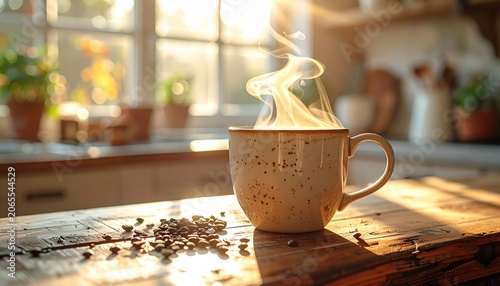 Warm Coffee Mug With Rising Steam On A Wooden Table In Morning Sunlight