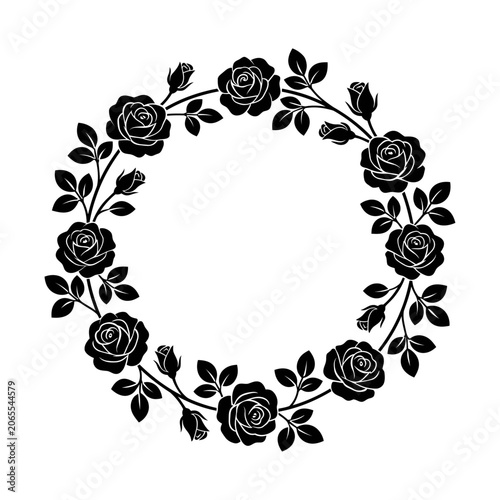 Black Rose Silhouette Circular Wreath Frame Vector