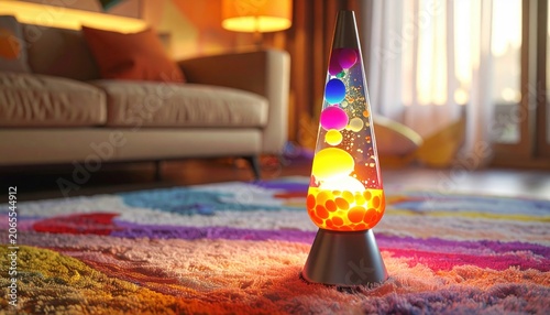 Mid-century modern lava lamp glows with colorful retro bubbles on a textured rug