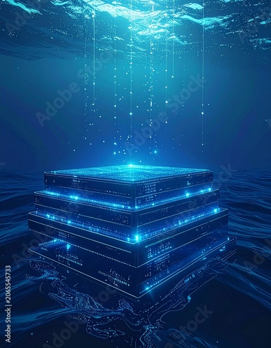 Digital Data Center Submerged in Water: A glowing neon blue digital cube, representing a data center or complex technology, rests submerged in deep blue water, with light rays emanating from above.