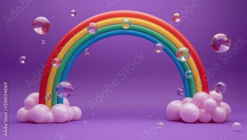 Colorful rainbow arch with pastel clouds and bubbles on purple background