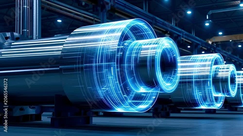 Futuristic industry 4.0 concept showing augmented reality holograms performing diagnostics on large metal parts inside a smart factory, visualizing advanced manufacturing and automation