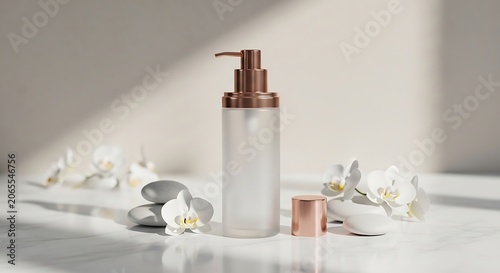 Lotion dispenser stands on a white marble surface surrounded by white orchids and smooth decorative stones.