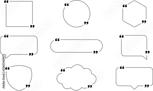 Quote frames collection vector set with speech bubbles geometric borders and modern testimonial templates.