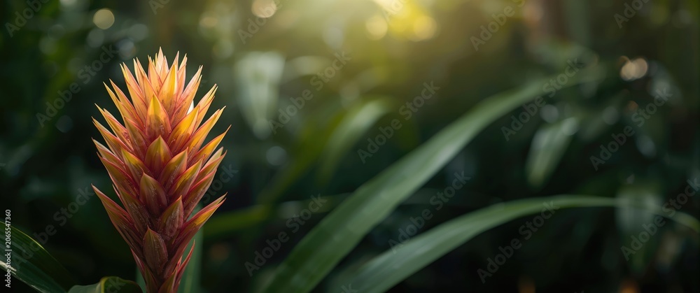 Fototapeta premium Thriving bromeliad flower from tropical zones with vivid leaves