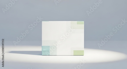 Box mockup displays a clean geometric design with subtle pastel accents on a light studio surface.