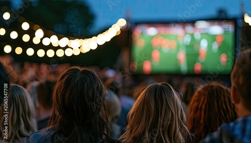 People watch outdoor movie screen at dusk with string lights overhead