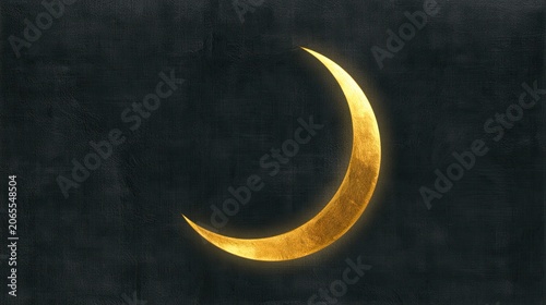 Gleaming golden crescent moon glows against dark textured background