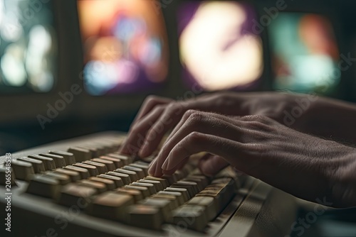 Hands typing on vintage keyboard with blurred retro computer screens in background