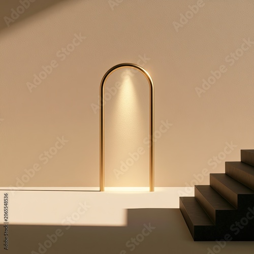 Minimalist interior with arched doorway, spotlight, and modern staircase