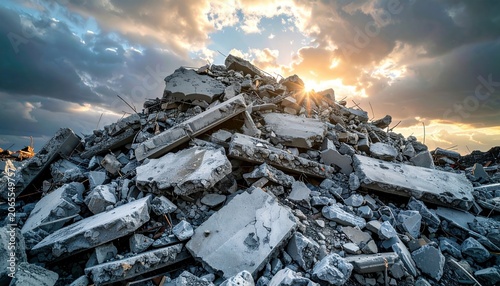 Sunlit pile of uneven grey concrete rubble and debris under a dramatic cloudy sky