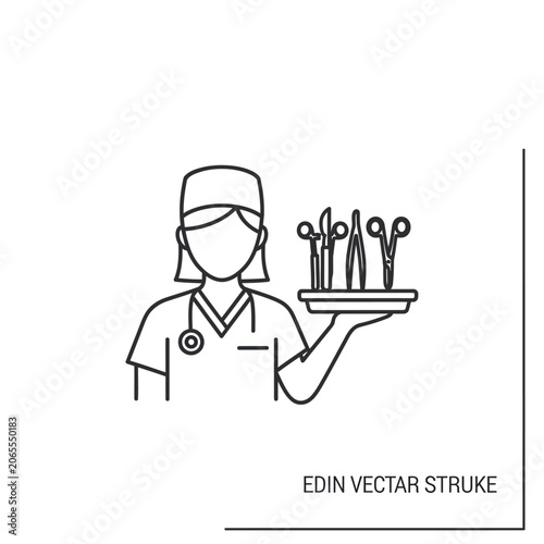 Female nurse holding a tray of medical surgical tools.
