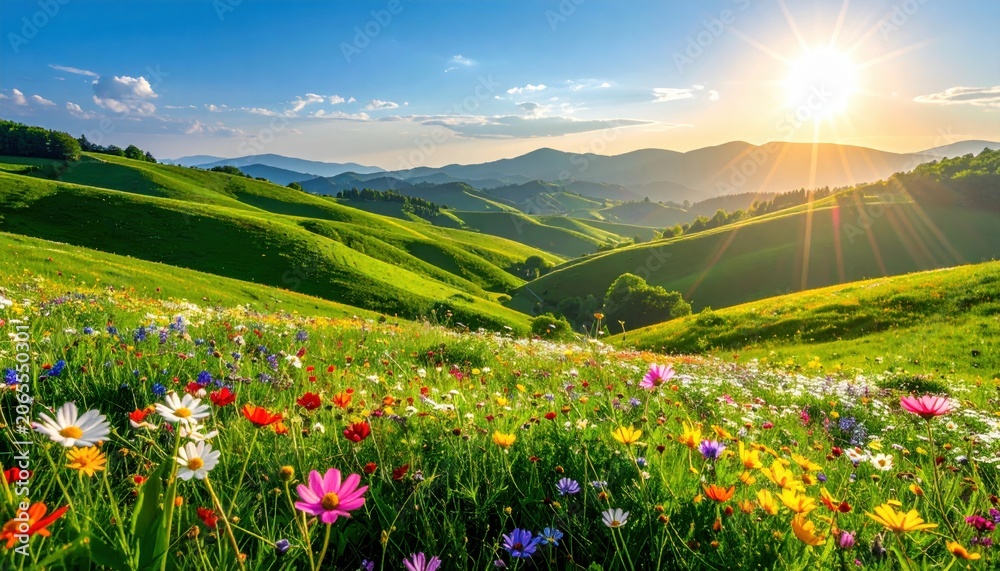 Obraz premium Vast rolling green hills covered in vibrant wildflowers under a clear blue sky at golden hour