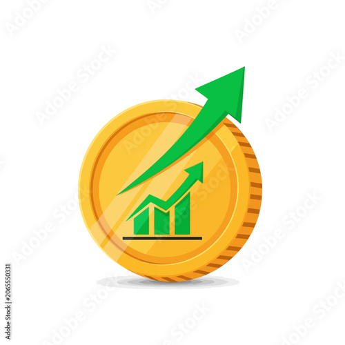Financial gold coin with green rising growth chart and arrow