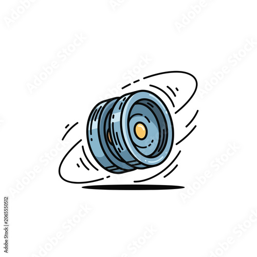 Illustrated camera lens spinning with speed lines on white