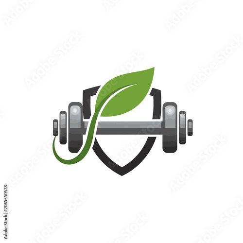 Fitness and natural health shield with leaf and dumbbell.