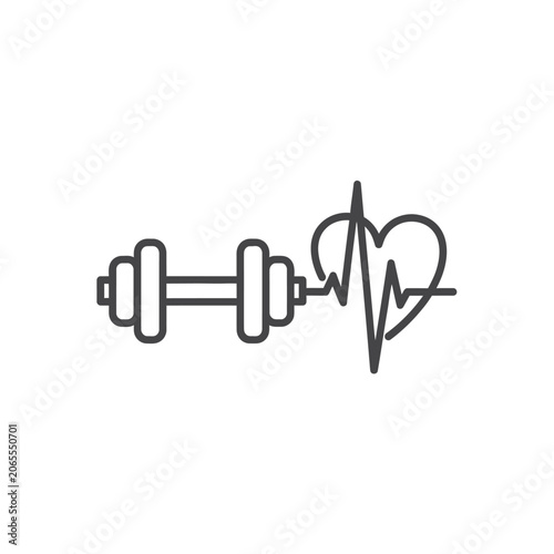 Fitness barbell with heart rate pulse line health icon.