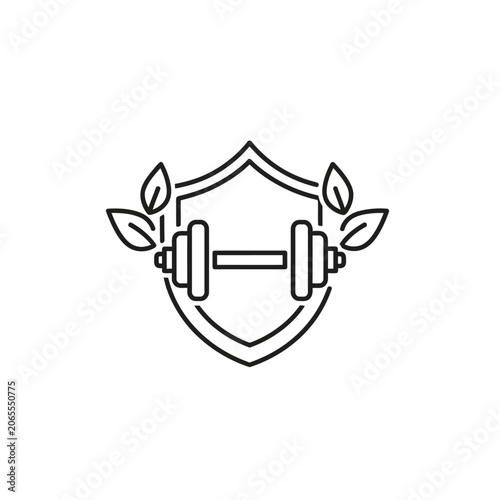 Fitness shield icon with dumbbell and laurel leaves.