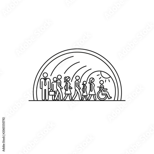 Inclusive group of people standing under protective rainbow arch