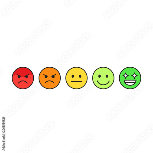 Five colorful emoticons showing range of emotions for feedback rating