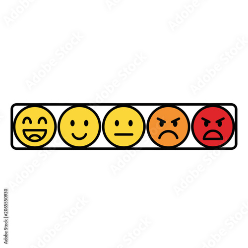Five colorful emoticons representing customer satisfaction scale on white background