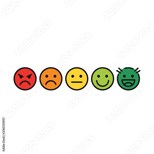Five colorful feedback rating emoji icons on white background