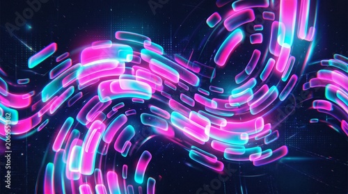 Y2K inspired abstract poster featuring dynamic waves of glowing transparent capsule shapes in neon pink and cyan colors.