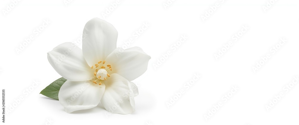 Obraz premium White flower with yellow center and green leaves on a white background